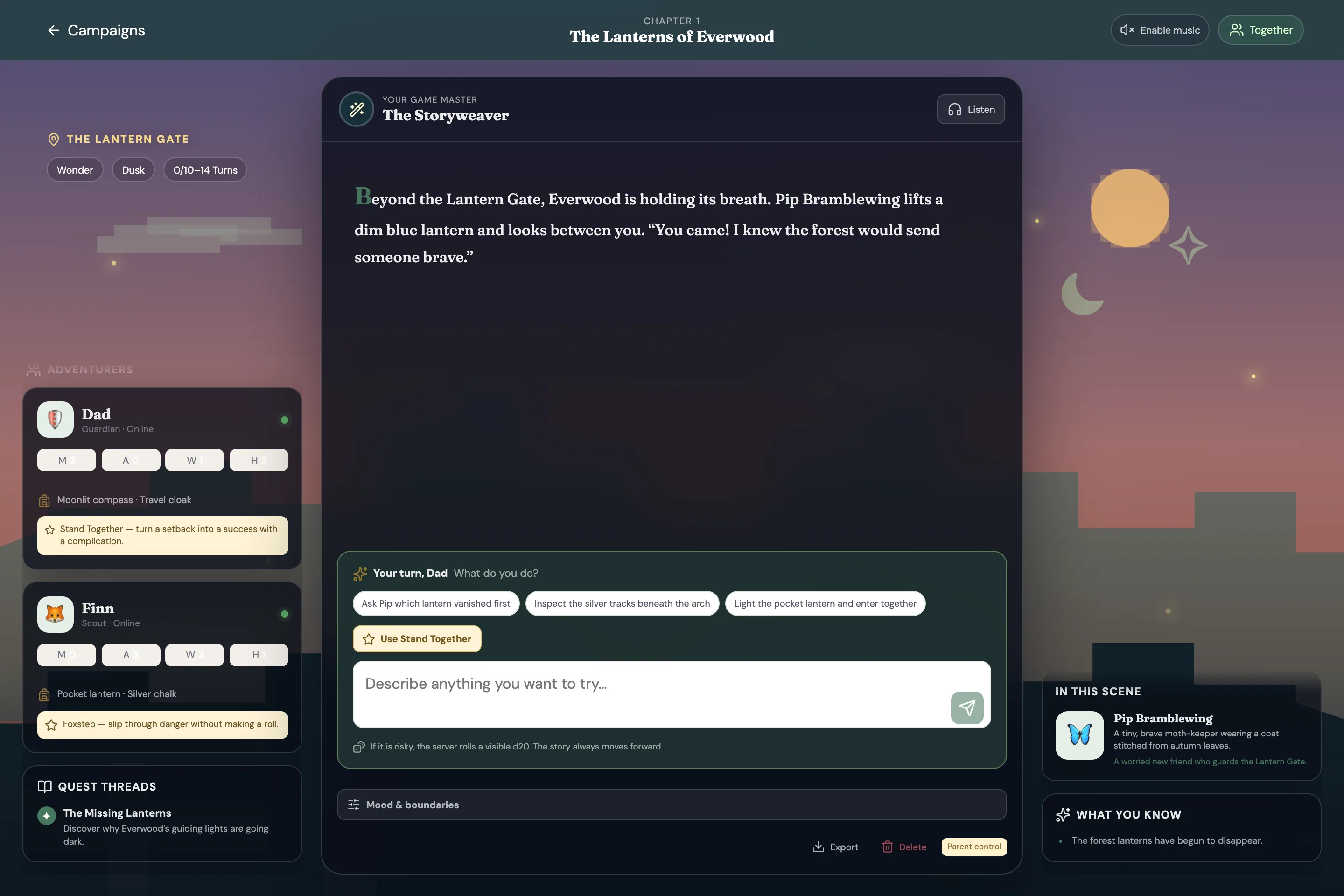 Family Adventure parent game view on desktop, showing an illustrated fantasy scene and turn choices.