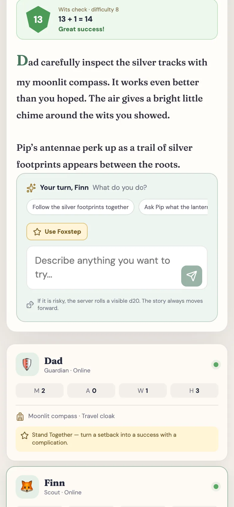 Family Adventure child view on mobile during Finn's active turn.