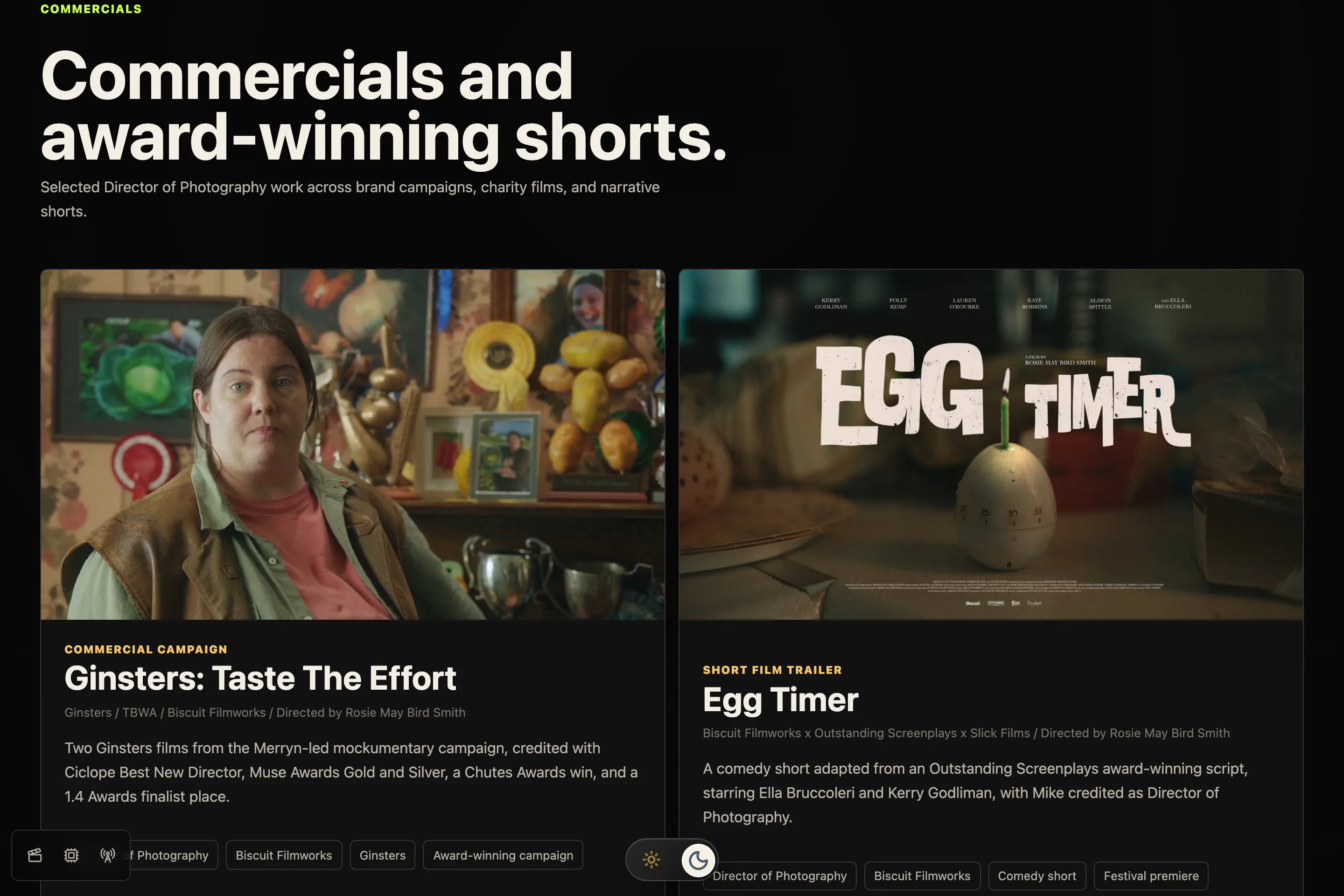 The commercial work section of Mike Staniforth's portfolio, featuring Ginsters: Taste The Effort and Egg Timer.