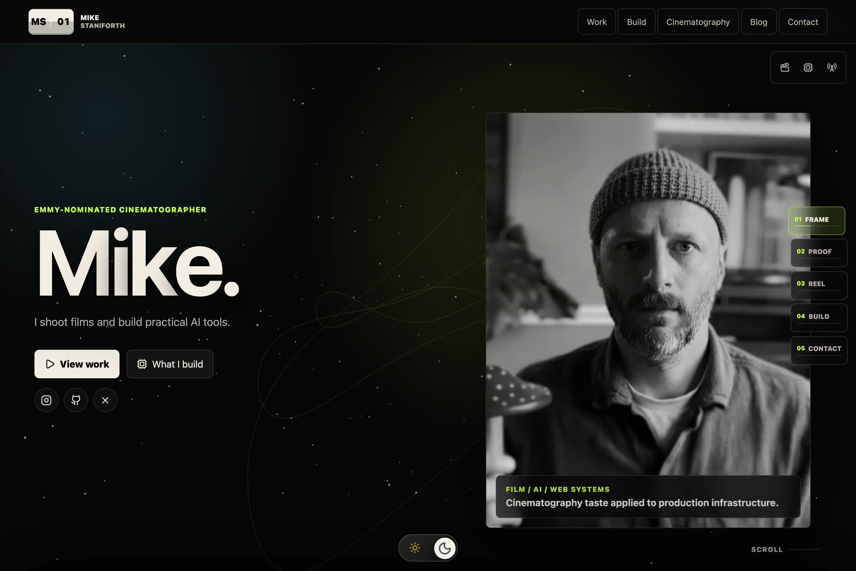 Mike Staniforth portfolio homepage on a desktop viewport, with a large monochrome portrait and editorial introduction.