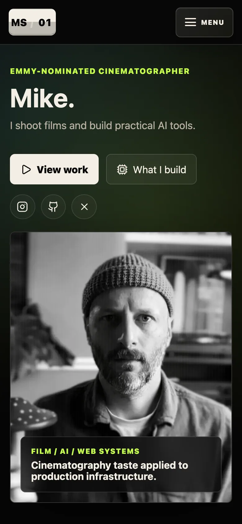 Mike Staniforth portfolio homepage on a narrow mobile screen.