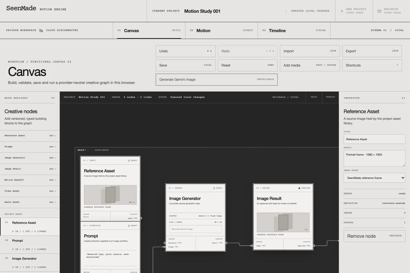 SeenMade Motion Engine Canvas workspace on desktop with a node-based image workflow.