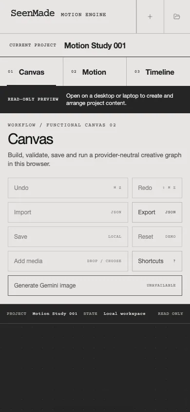 SeenMade Motion Engine read-only project preview on a mobile screen.