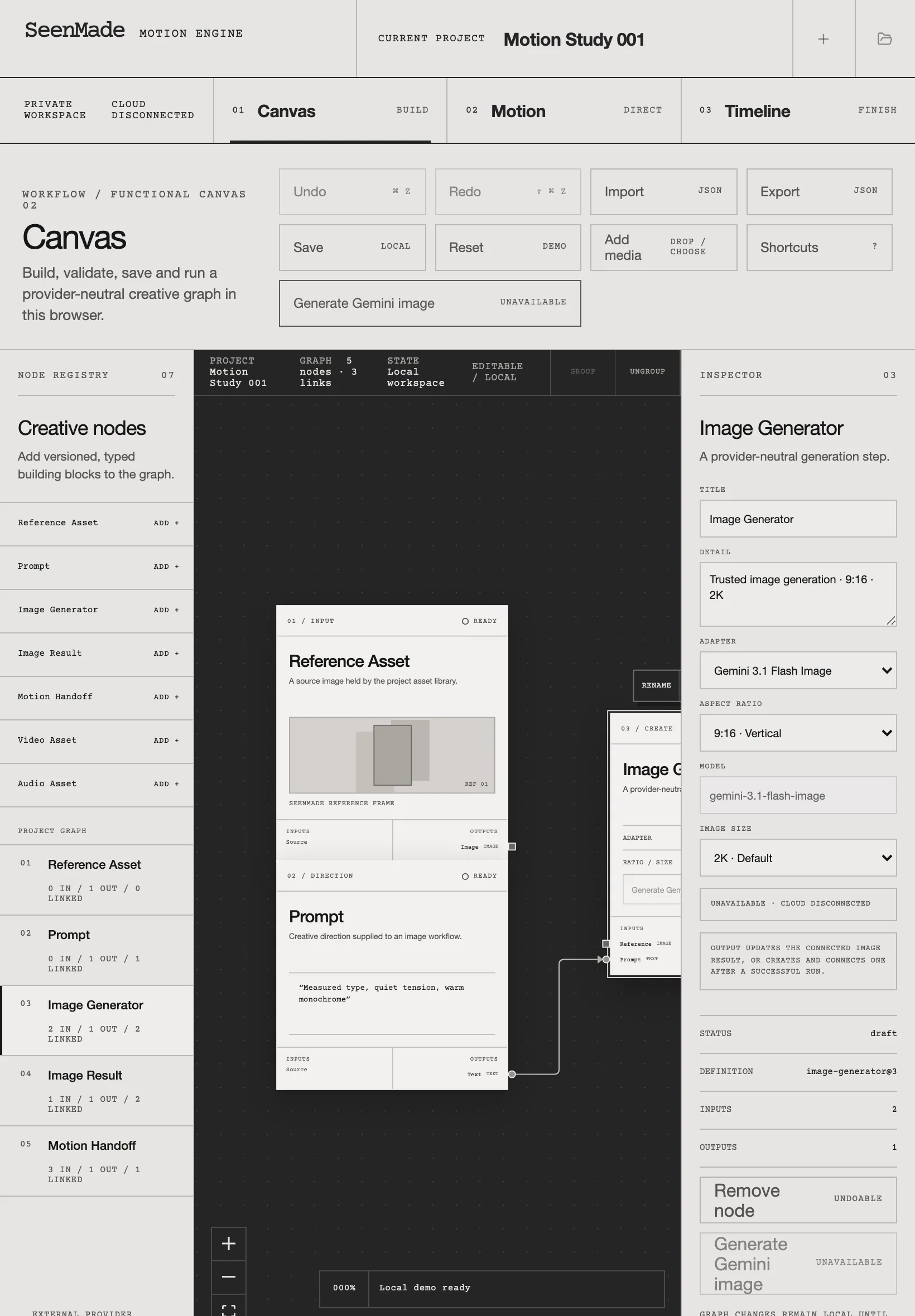 SeenMade Motion Engine Canvas workspace adapted to a tablet viewport.