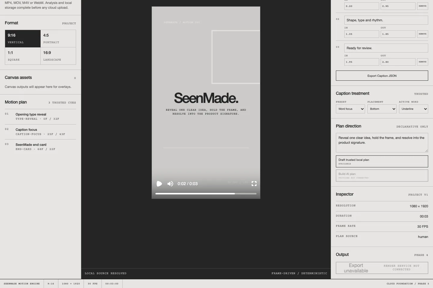SeenMade Motion Engine Motion workspace with a composition preview and declarative controls.