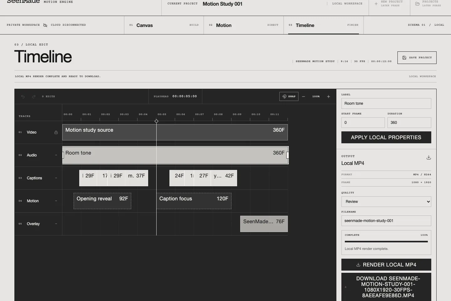 SeenMade Motion Engine Timeline workspace for captions, timing and rendering.
