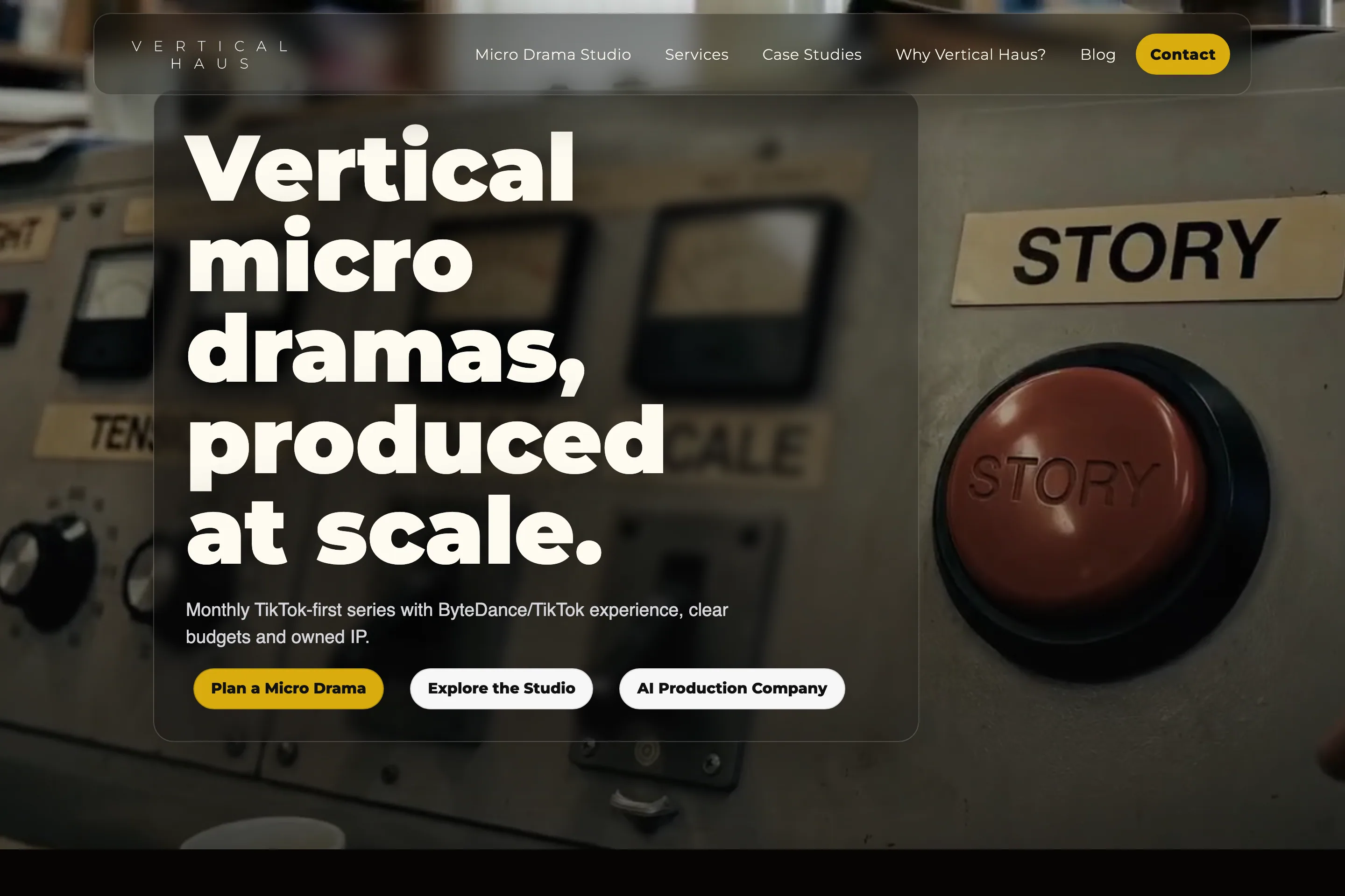 Vertical Haus studio homepage on a desktop viewport with bold monochrome typography and moving-image work.