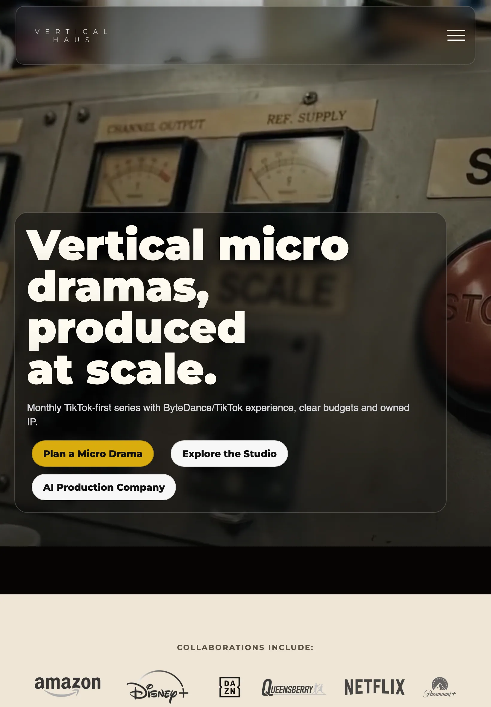 Vertical Haus studio homepage adapted to a tablet viewport.