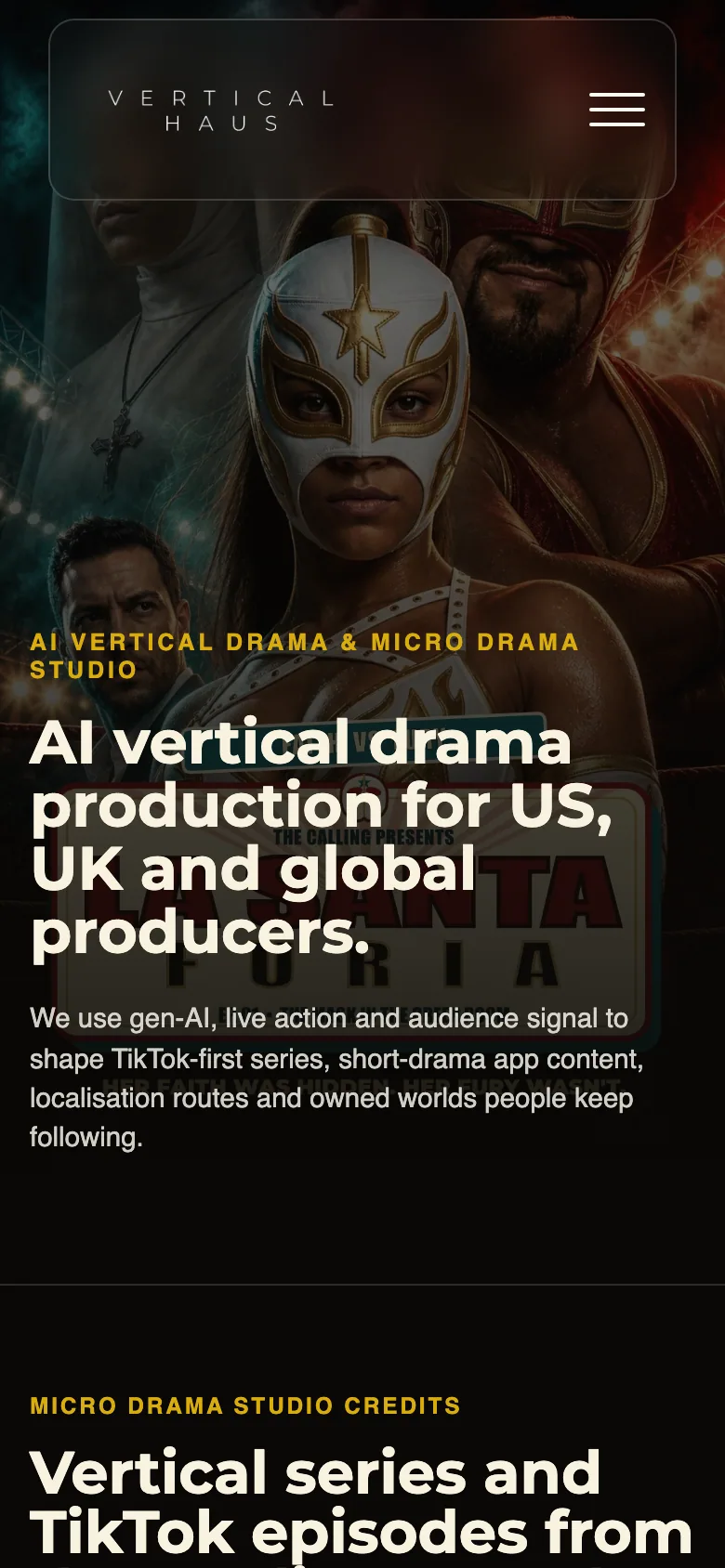 Vertical Haus Micro Drama Studio service page on a mobile screen.
