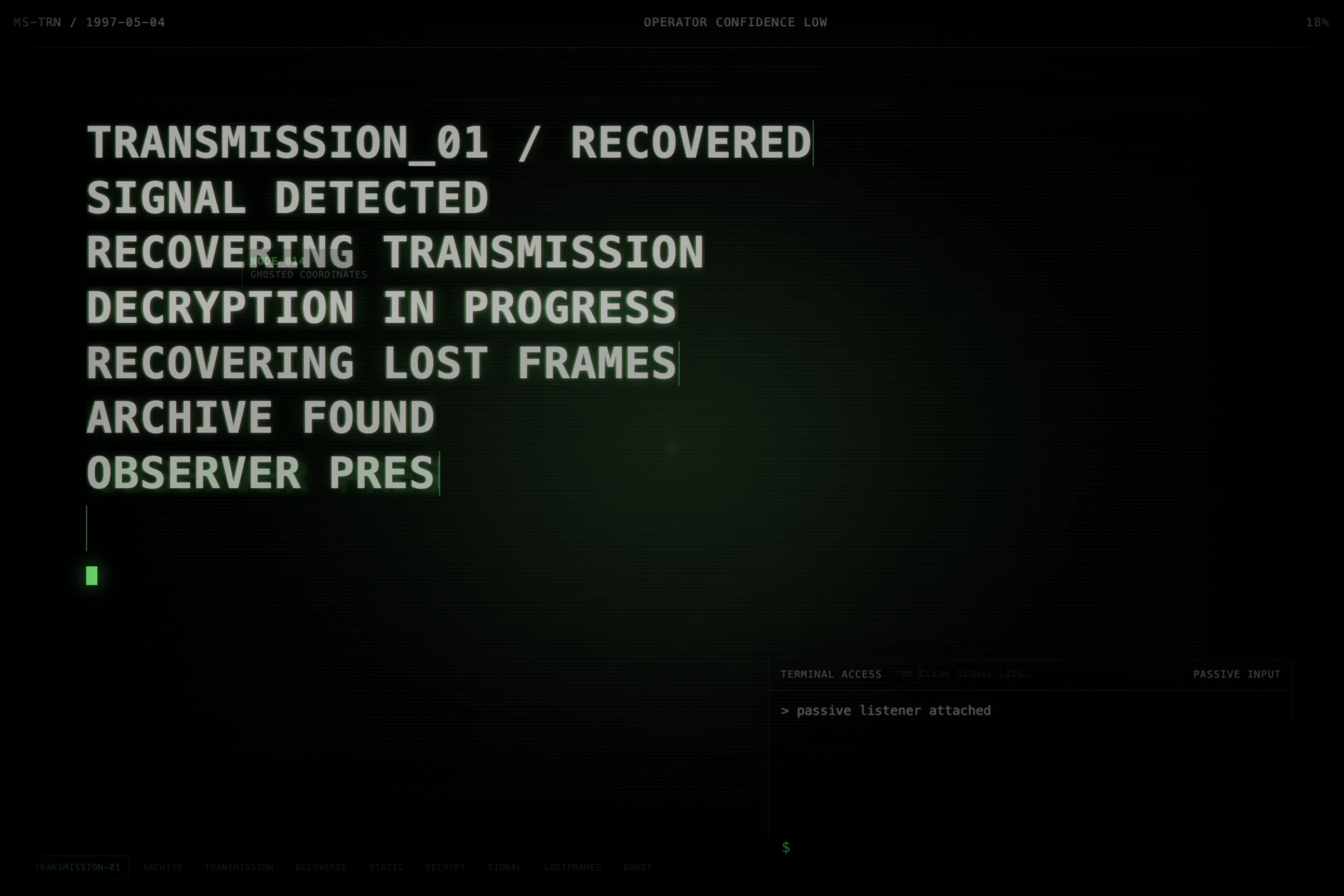 Transmission 01 on desktop, presented as a reactive green CRT archive with a recovered signal and terminal interface.